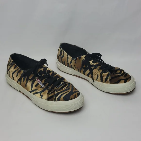 Superga 2750 Fanvelw Velvet Cognac Zebra Animal Print Sneakers Lace Up Size 8 - Picture 2 of 13